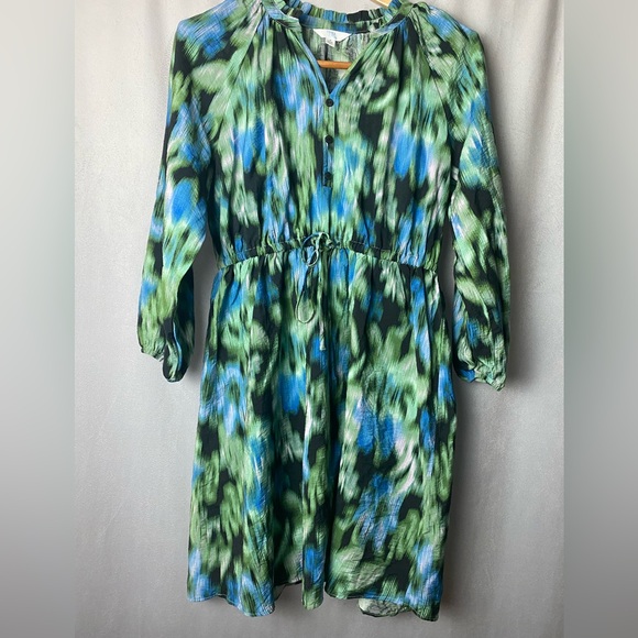 Boho Chic Ruffle Neck Mini Dress Time & Tru Green and Blue Patterned Mini Dress - Picture 3 of 5